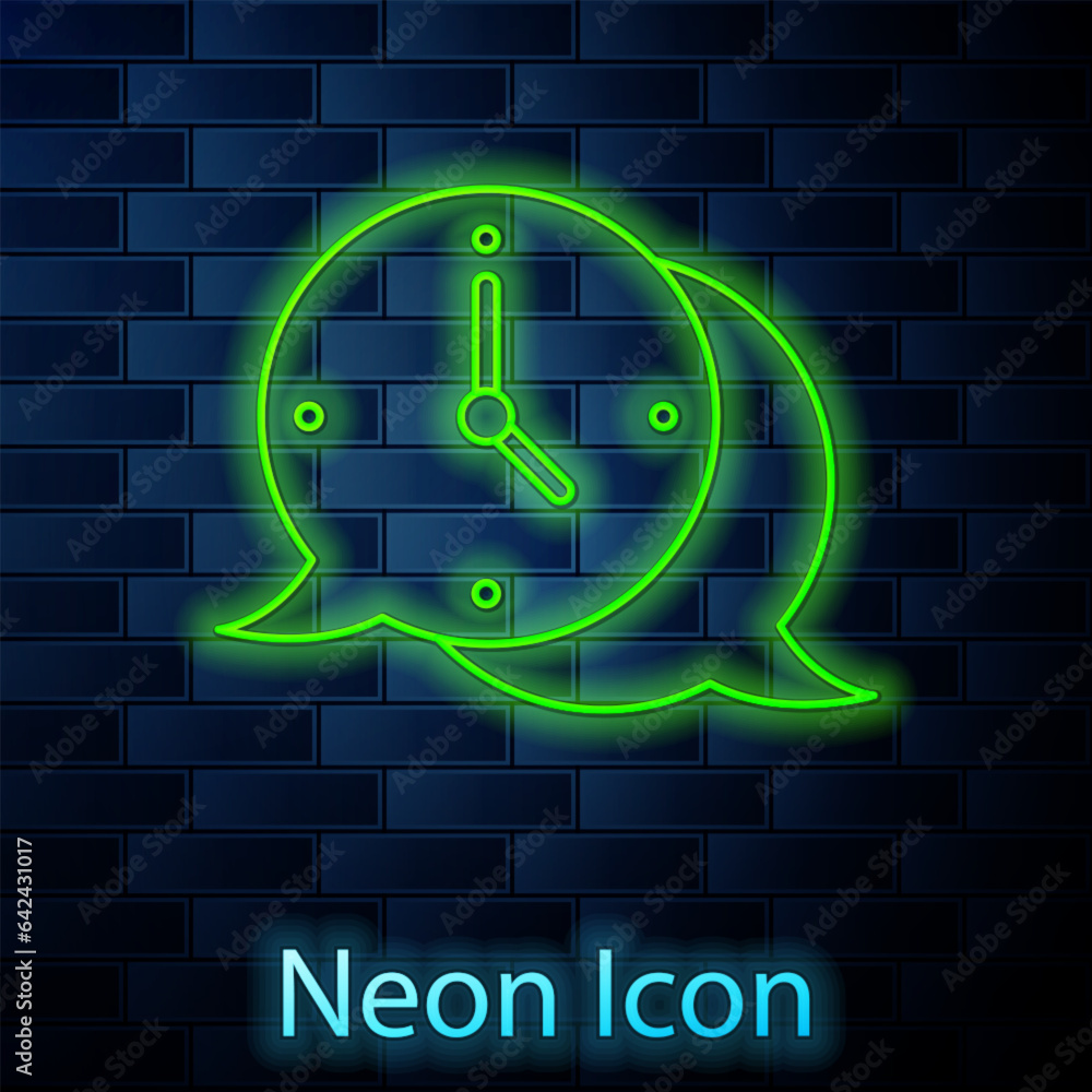 Poster glowing neon line clock with speech bubble icon isolated on brick wall background. time sign. office