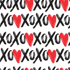 Vector seamless pattern Valentine XOXO red hearts on white background. XOXO brush lettering signs vector illustration