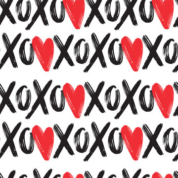 Vector seamless pattern Valentine XOXO red hearts on white background. XOXO brush lettering signs vector illustration