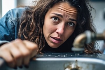 Funny exhausted family woman is fixing the faucet in the sink. Generative AI