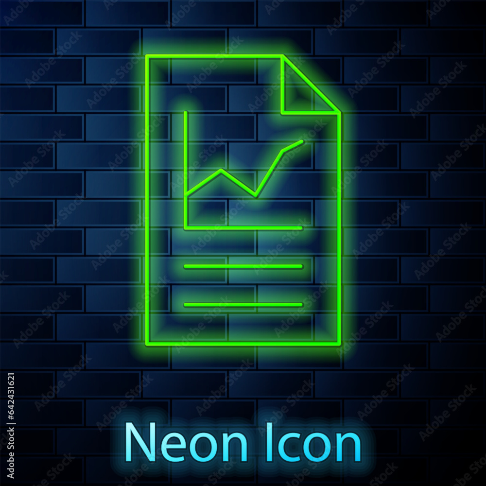 Poster glowing neon line document with graph chart icon isolated on brick wall background. report text file