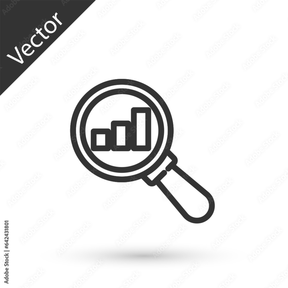 Sticker Grey line Magnifying glass and data analysis icon isolated on white background. Vector