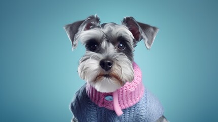 Close up fashionable trendy portrait of Miniature Schnauzer dog wearing roll neck sweater. Minimal fashion and winter clothes campaign concept, pastel colors, background with copy space