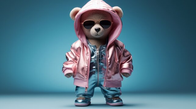 Portrait of a cute teddy bear toy wearing sunglasses, a pink metallic jacket with a hood, and blue metallic suit. Blue background with copy space. Pastel colors