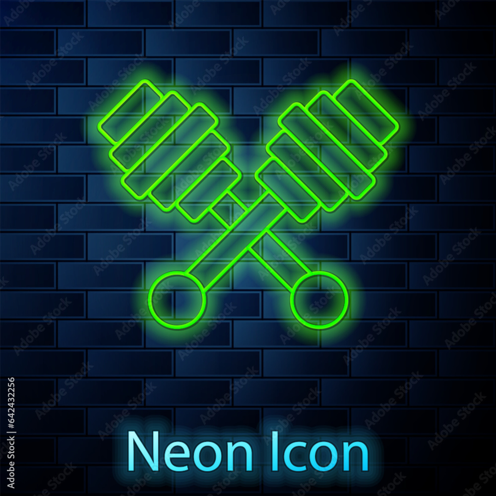 Poster glowing neon line honey dipper stick icon isolated on brick wall background. honey ladle. vector