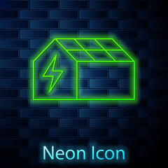 Glowing neon line Solar energy panel icon isolated on brick wall background. Vector