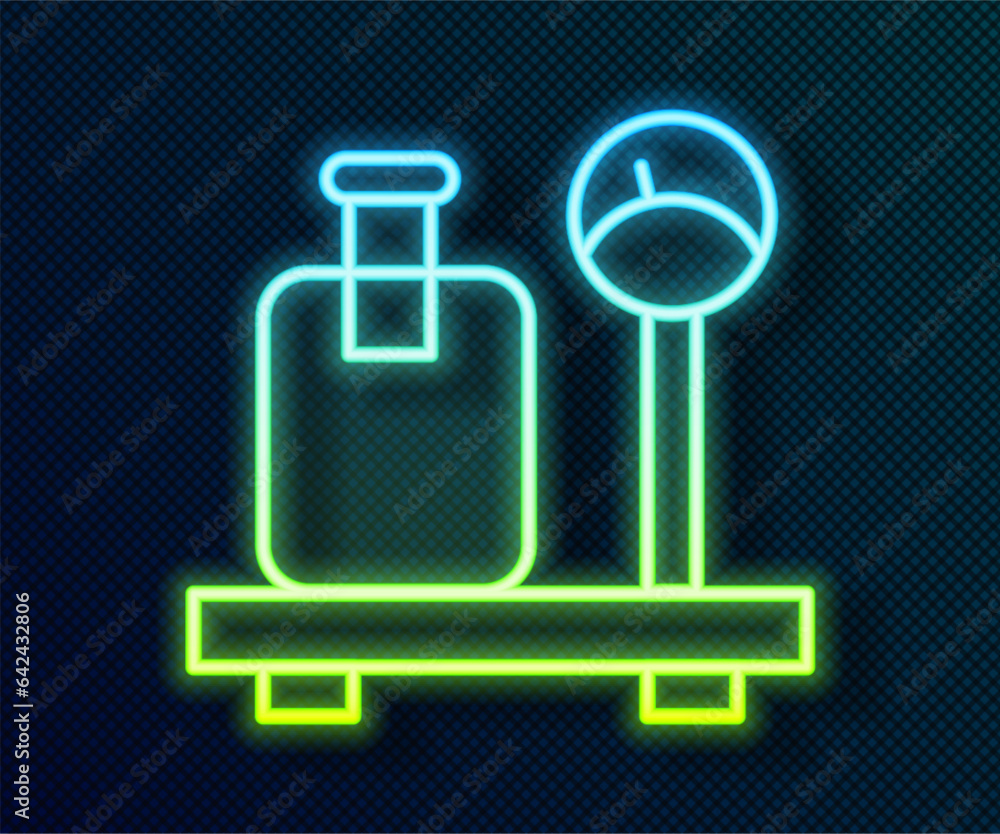 Poster glowing neon line scale with suitcase icon isolated on black background. logistic and delivery. weig