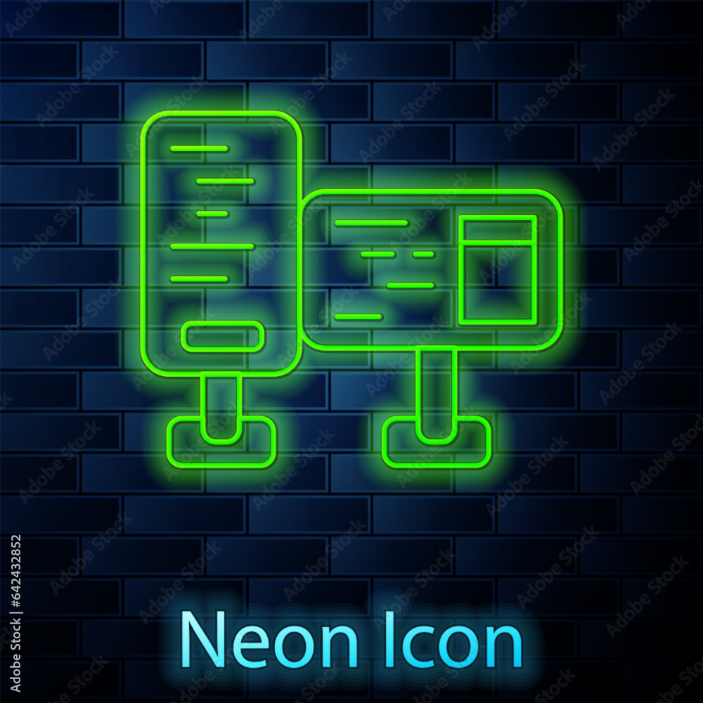 Poster glowing neon line computer monitor screen icon isolated on brick wall background. electronic device.