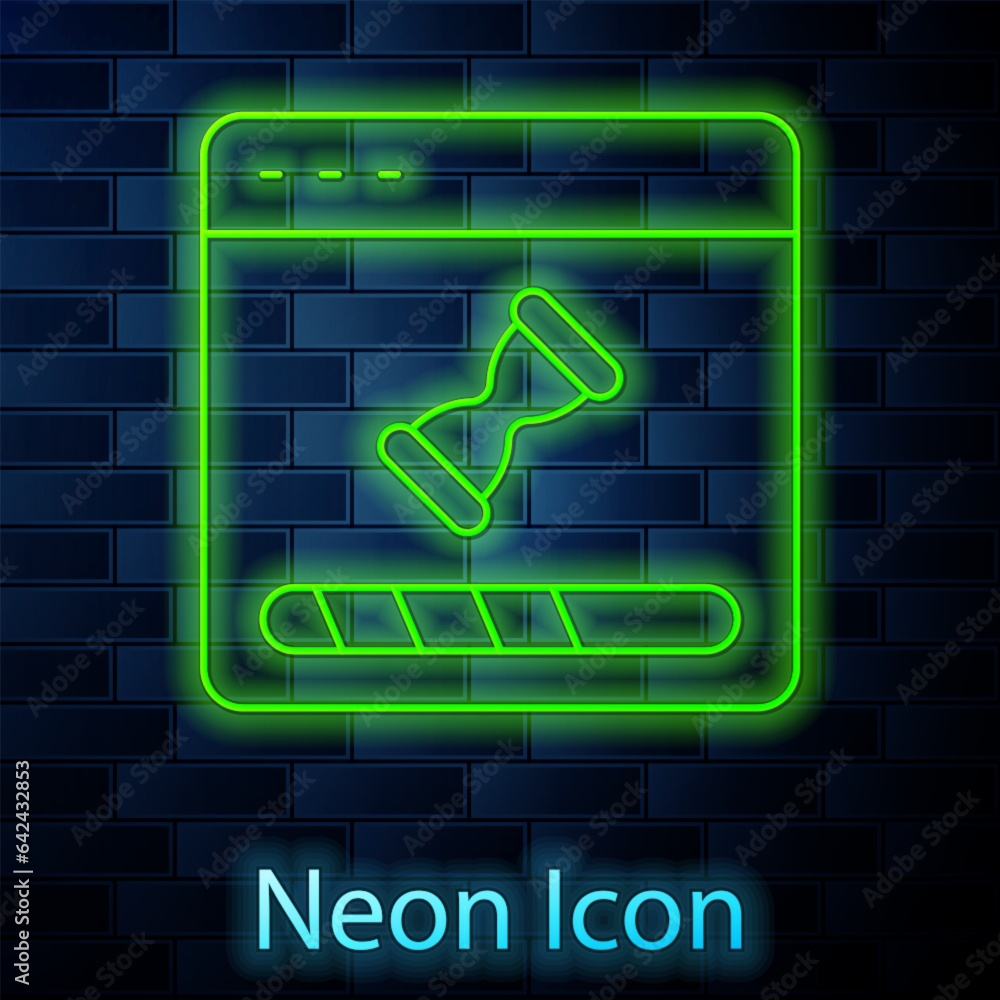 Poster glowing neon line loading a data window with a progress bar icon isolated on brick wall background. 