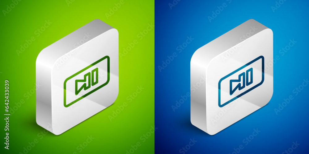 Poster isometric line pause button icon isolated on green and blue background. silver square button. vector