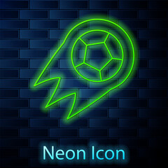 Glowing neon line Soccer football ball icon isolated on brick wall background. Sport equipment. Vector