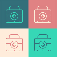 Pop art line First aid kit icon isolated on color background. Medical box with cross. Medical equipment for emergency. Healthcare concept. Vector