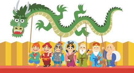 年賀状素材イラスト　辰年　七福神　金屏風　