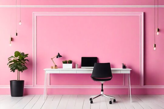 View of a modern office with an empty picture frame on a pink wall, background. stock photo