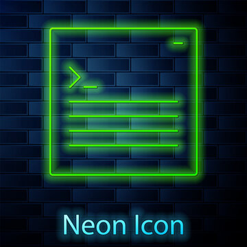 Glowing neon line Software, web developer programming code icon isolated on brick wall background. Javascript computer script random parts of program code. Vector