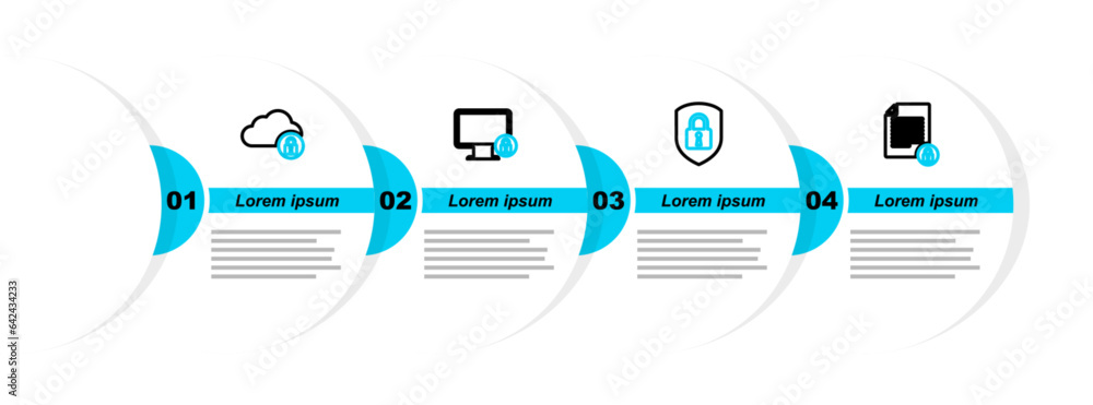Poster set line document and lock, shield security with, lock on monitor and cloud computing icon. vector