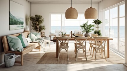 Interior design inspiration of Coastal Bohemian style home dining room loveliness decorated with Rattan and Linen material and Pendant Light .Generative AI home interior design .