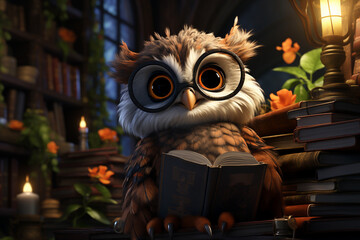 owl with books and glass, studying idea.