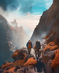 Group of hikers with backpacks walks in mountains at sunset