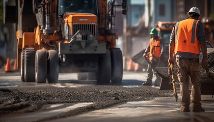 civil engineer and construction worker working on asphalt