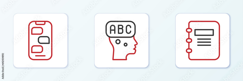 Poster set line notebook, new chat messages notification and learning foreign languages icon. vector