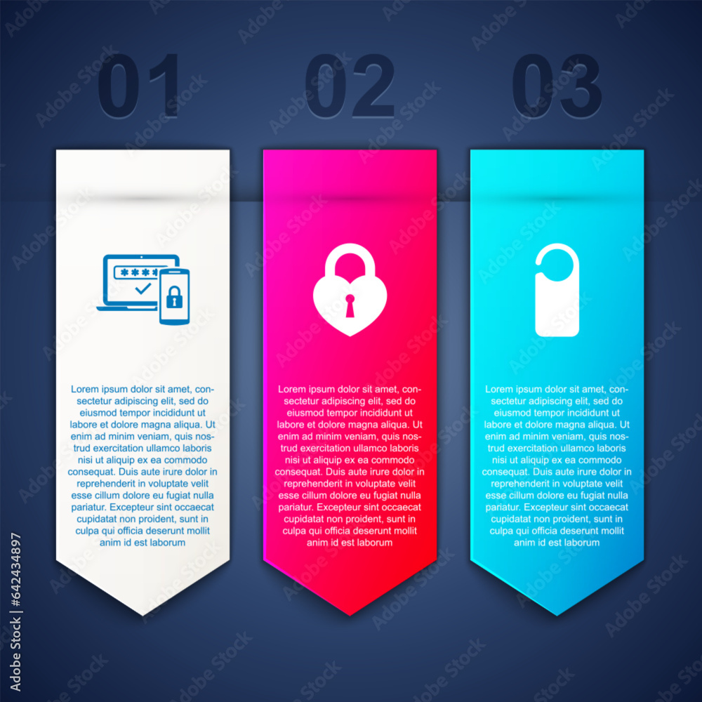 Poster set two steps authentication, castle in shape of heart and please do not disturb. business infograph