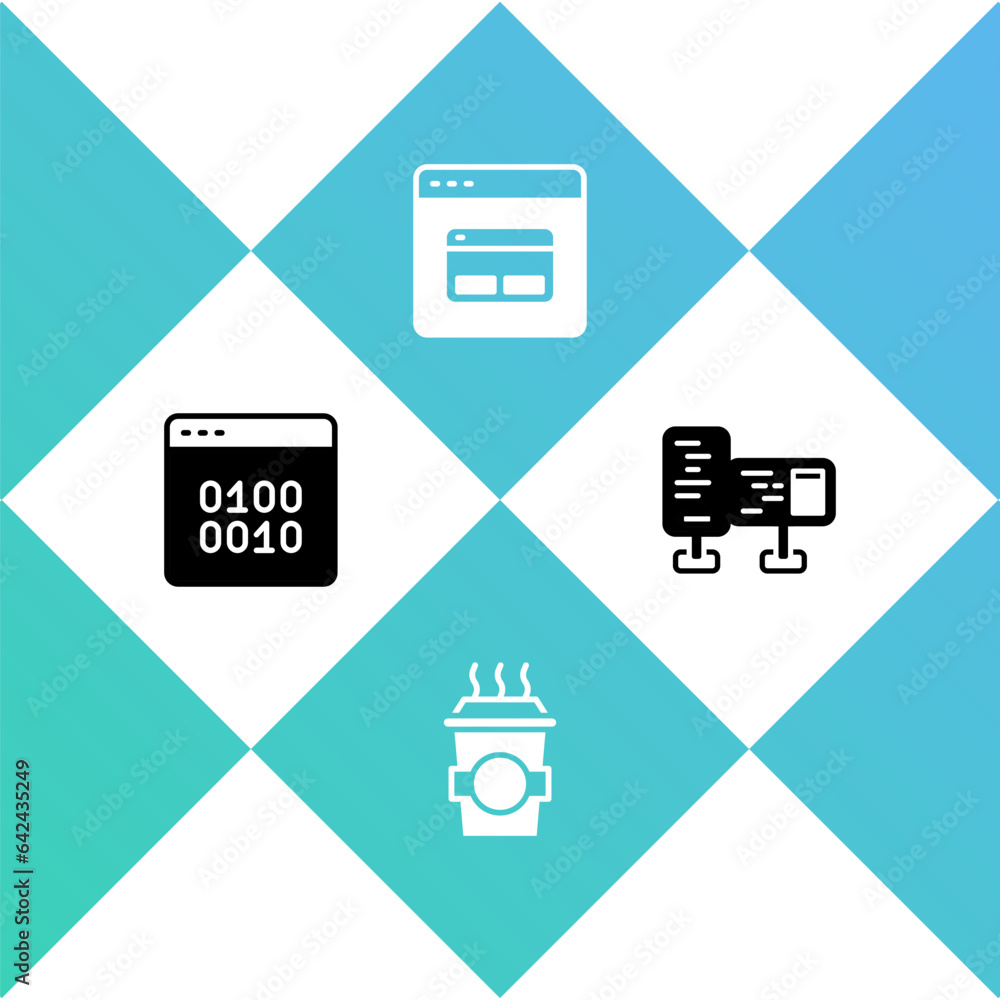 Poster set binary code, coffee cup to go, search engine and computer monitor screen icon. vector