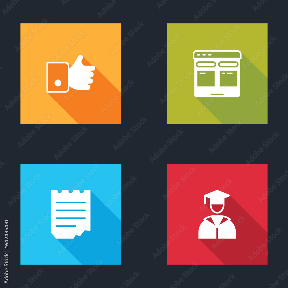 Sticker set hand like, online translator, notebook and graduate graduation cap icon. vector