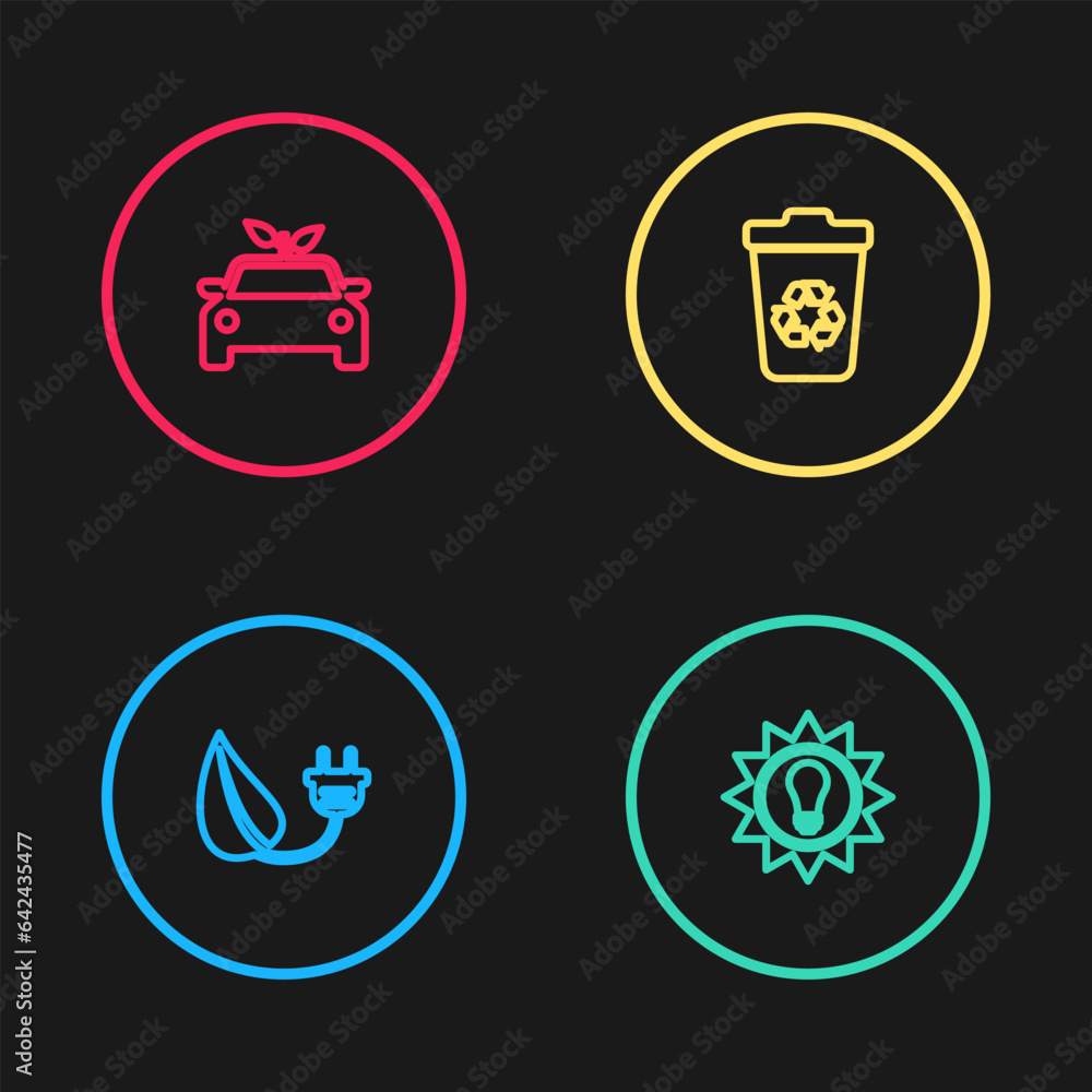 Sticker Set line Electric saving plug in leaf, Solar energy panel, Recycle bin with recycle and Eco car concept drive icon. Vector