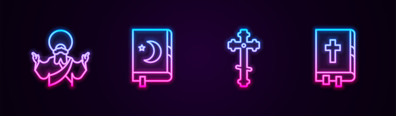 Set line Jesus Christ, Holy book of Koran, Christian cross and bible. Glowing neon icon. Vector