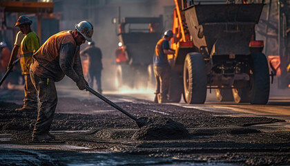 civil engineer and construction worker working on asphalt - obrazy, fototapety, plakaty