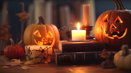 Halloween interior design decoration idea. Pumpkin, jack-o-lantern, books and candles on a table. AI generative.