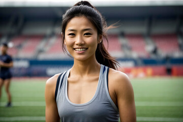 Asian female athlete in sportswear, happy and smiling, standing in athletics stadium