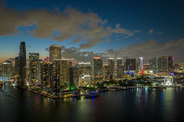 Night urban landscape of downtown district of Miami Brickell in Florida, USA. Skyline with brightly...