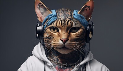 rapper cat with tattoos and mouth grills, Generative AI