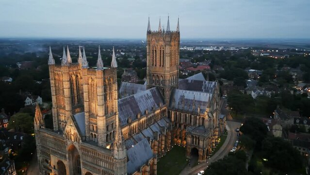 Lincoln Cathedral aerial 4k at sunset/night time 