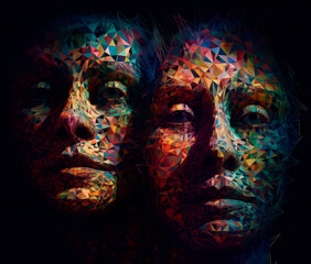 colorful abstract two woman faces in 3d, dark cyan and amber, epic portraiture,  mosaic-like patterns