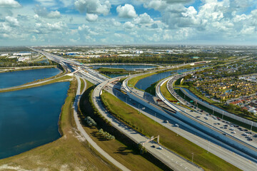 USA transportation infrastructure concept. Above view of wide highway crossroads in Miami, Florida...