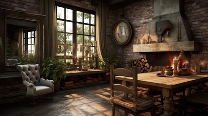 Fototapeta na wymiar Interior design inspiration of Farmhouse Rustic style home dining room loveliness decorated with Brick and Leather material and Fireplace .Generative AI home interior design .