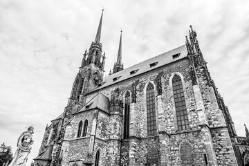 Fototapeta premium The medieval gothic cathedral of Saints Peter and Paul located on Petrov hill in Brno, Moravia, Czech Republic in black and white