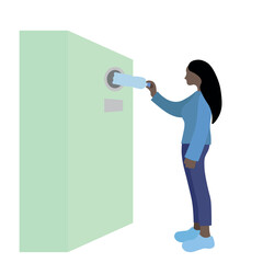 A black girl throws a plastic bottle into a bottle recycling machine, in motion, flat vector, isolate on white, faceless illustration, ecology