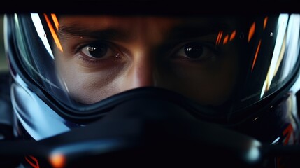 Fototapeta premium Formula 1 racer face sitting in his bolide. Generative AI