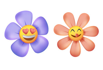 3D cartoon flowers funny smiling faces, spring nature characters. Floral stickers, logo for Happy Valentine's day sale. Nature decorative pattern. Daffodil, Camellia, Peonies or Anemone isolated 3D