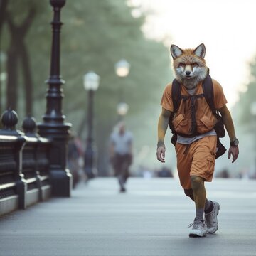 A Fox Man Walks Through The City