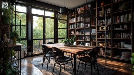 Fototapeta na wymiar Interior design inspiration of Industrial Mid-Century Modern style home dining room loveliness decorated with Metal and Leather material and Pendant Light .Generative AI home interior design .