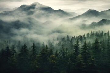 smoggy in a forest of pine trees, beautiful nature in morning