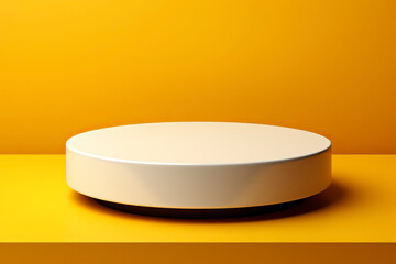 Empty pedestal display on yellow minimal background. Blank podium for showing product