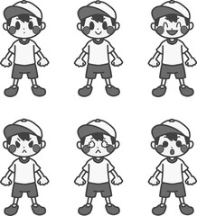 いろいろな表情の体操服を着た男の子のモノクロイラストセット