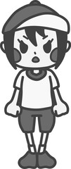 体操服を着た怒っている女の子のモノクロイラスト