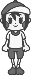 体操服を着た笑顔の女の子のモノクロイラスト